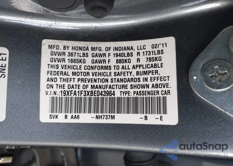 2011 Honda Civic Vp из США, поврежденный, VIN 19XFA1F3XBE043964